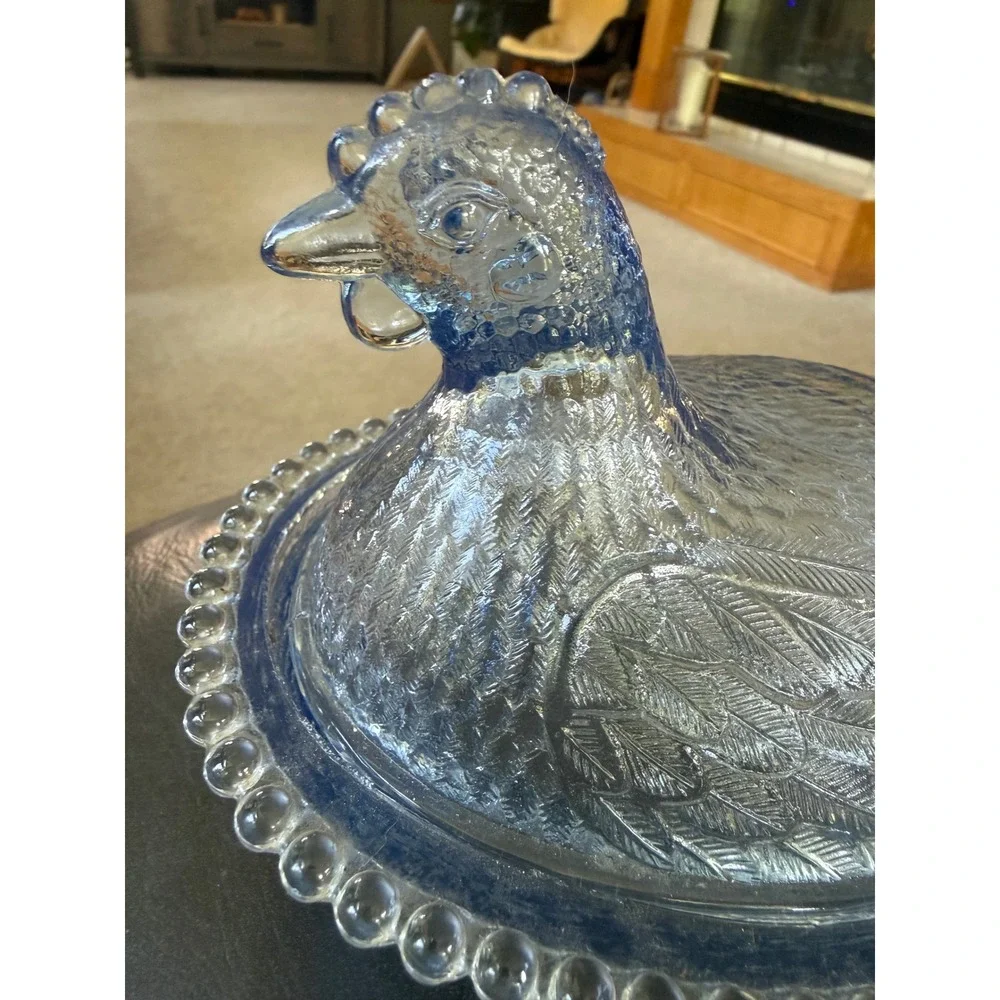 Vintage Indiana Blue Glass Hen on Nest Covered Dish Beaded Rim Candy Bowl Farm
